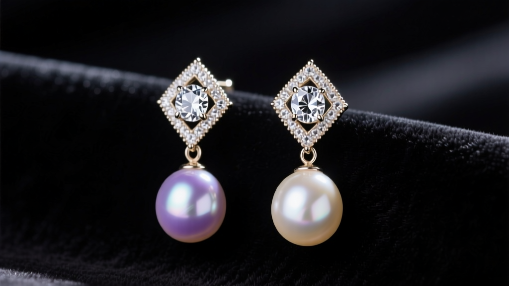 Close-up of Art Deco diamond and pearl drop earrings on dark velvet, highlighting milgrain detailing and high luster.