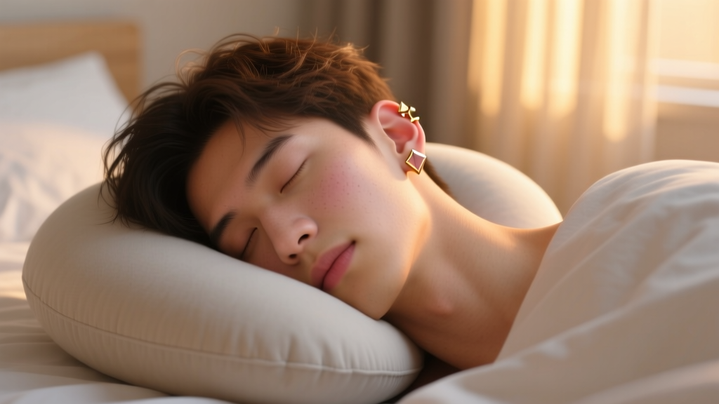 Person sleeping on a U-shaped travel pillow to protect a fresh four earring piercing stack on the left ear, warm bedroom lighting