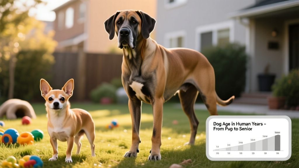 Side-by-side comparison showing a small dog (like a Chihuahua) and a large dog (like a Great Dane) at the same age, highlighting visible differences in energy, coat, and posture