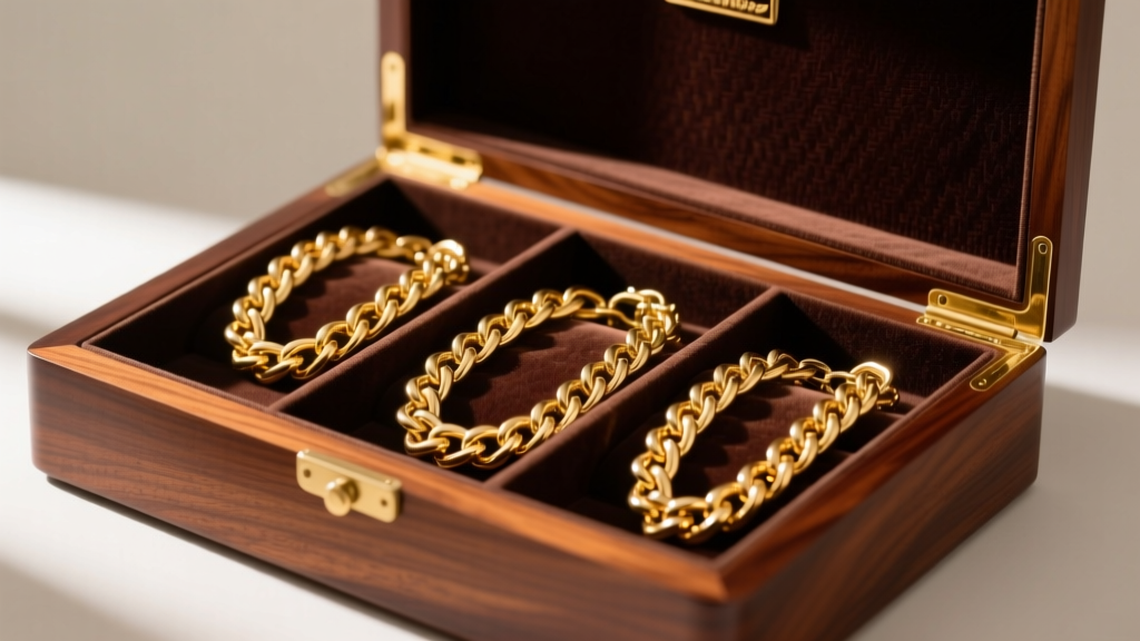 Open mahogany jewelry box with velvet compartments storing heavy gold chains separately to prevent metal scratching and tangling