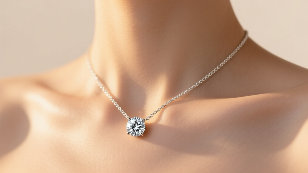 Half-carat round diamond pendant on a collarbone, attached to a delicate white gold chain under soft warm lighting.