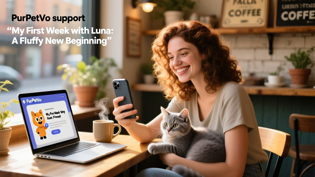 Paola seated at a café laptop, smiling as she video-calls FurPetVo support on her phone