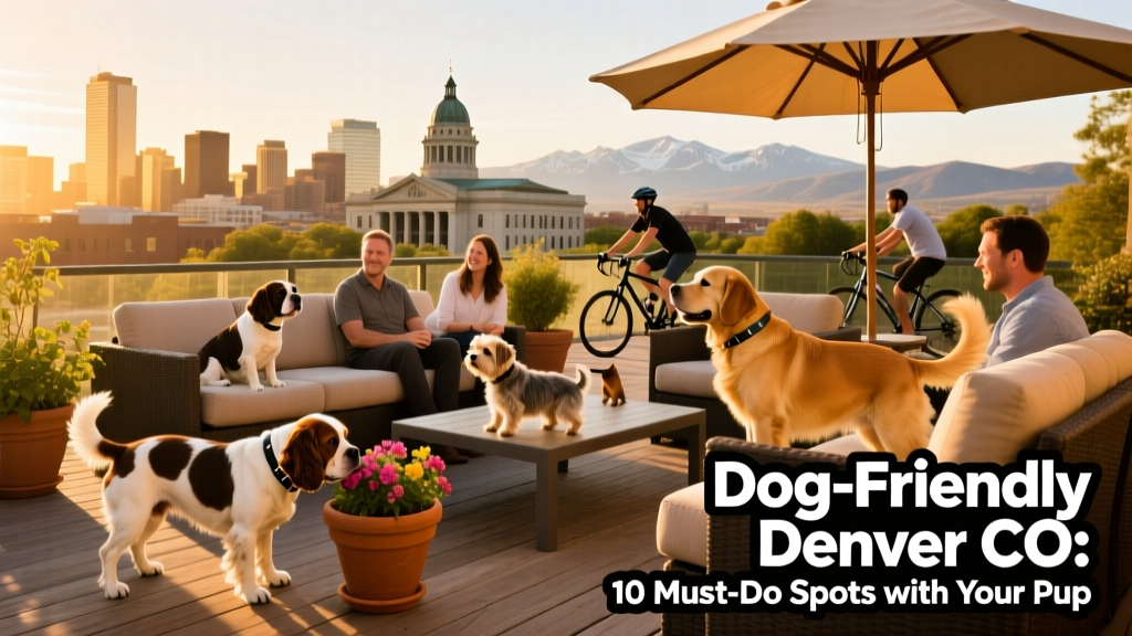 Downtown Denver skyline with dogs on a sunny patio