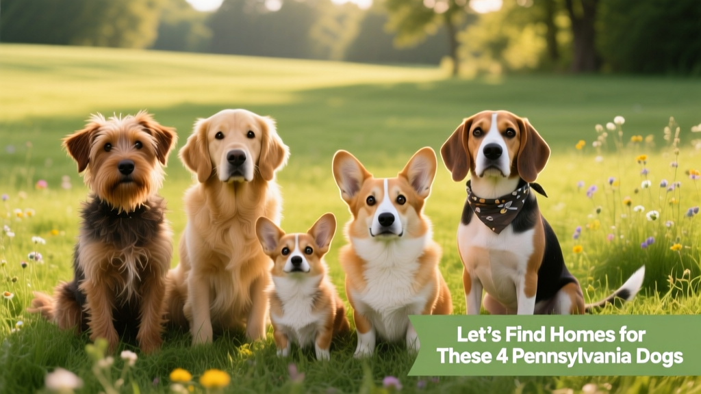 Four friendly dogs sitting side-by-side on a grassy field, looking at the camera with hopeful expressions