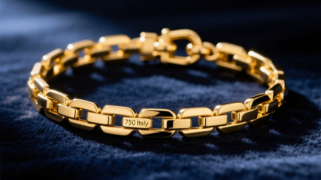 Close-up of an 18k yellow gold Figaro chain with a clear 750 Italy hallmark on the lobster clasp, resting on dark navy velvet