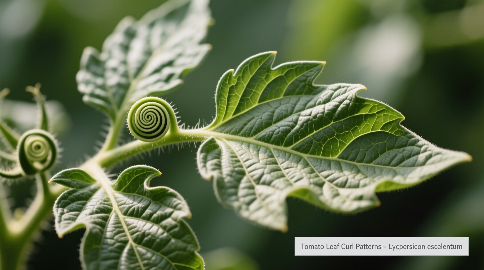 Close-up of tomato leaves showing different curl patterns