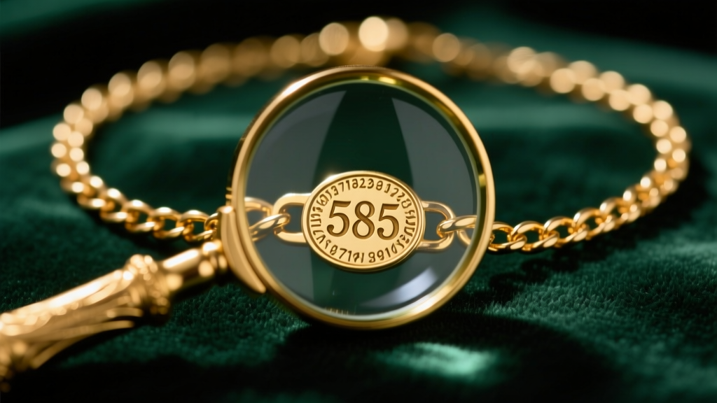 Macro shot of a loupe inspecting a 585 hallmark on the clasp of an antique 14k gold chain necklace resting on dark green velvet.