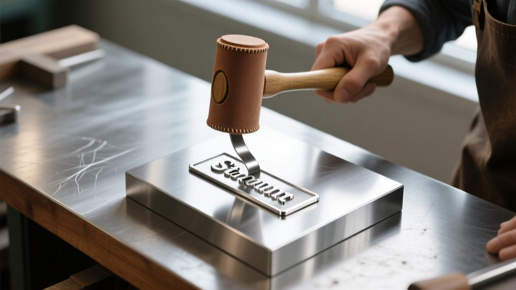 Overhead view of a jeweler using a rawhide mallet to gently flatten a bent sterling silver name plate on a polished steel block