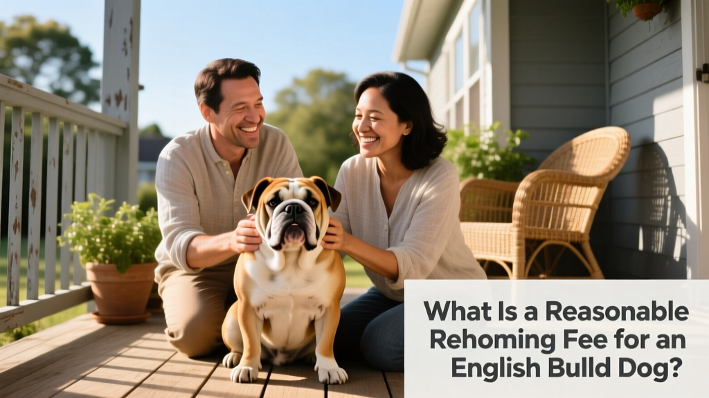 Two people smiling while gently petting an English Bulldog on a sunlit porch