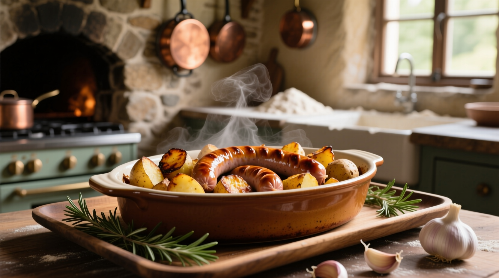 Kielbasa and potatoes roasting in oven dish