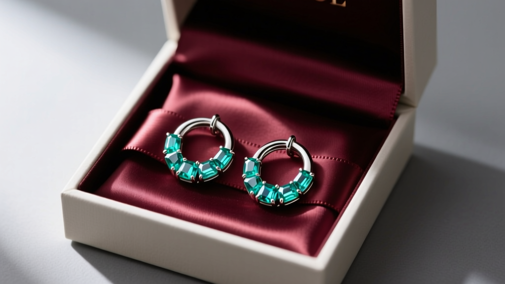 Elegant gift box revealing platinum huggie earrings with channel-set indicolite tourmaline baguettes resting on a silk ribbon