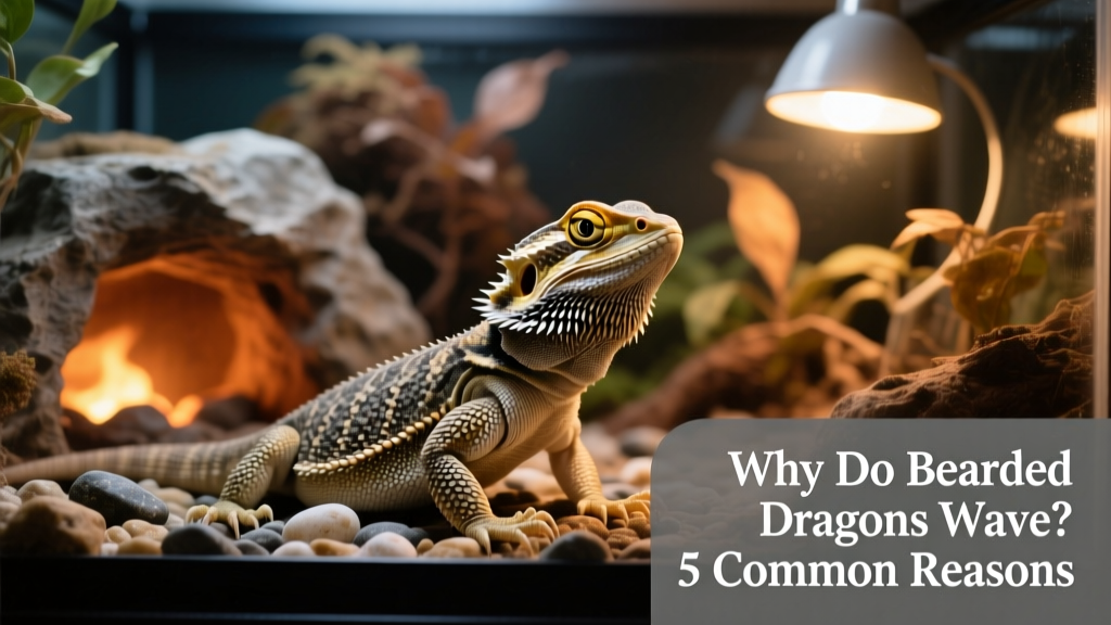 Bearded dragon in a well-furnished terrarium with hides, basking spot, and textured background—calm and alert