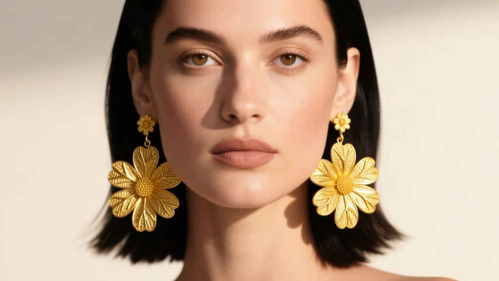 Model wearing large textured 18k yellow gold daisy flower drop earrings, studio lighting highlighting the detailed metal grain.