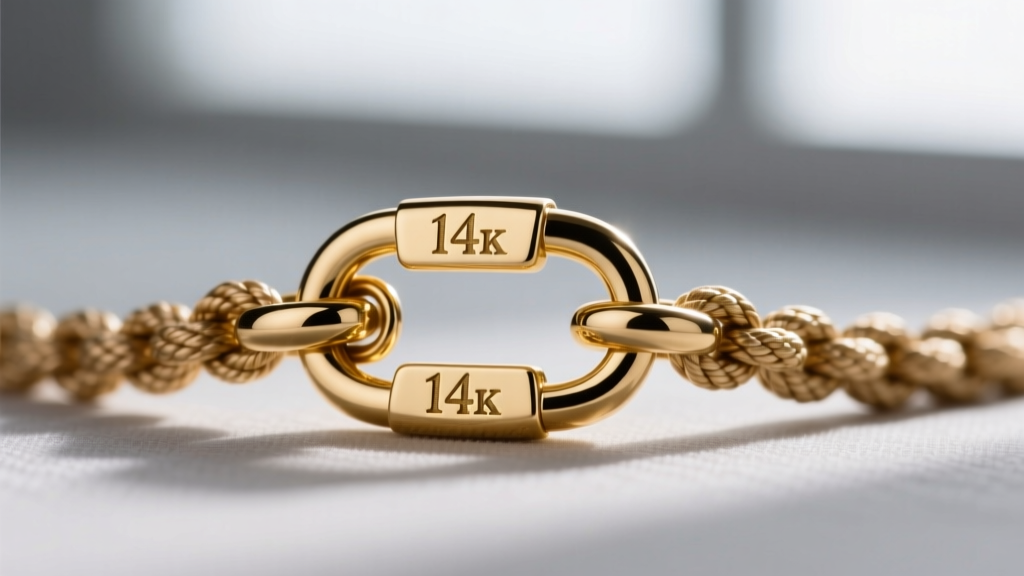 Macro photography of a 14k gold-filled lobster clasp on a thick rope chain, highlighting the stamped hallmark and spring mechanism.