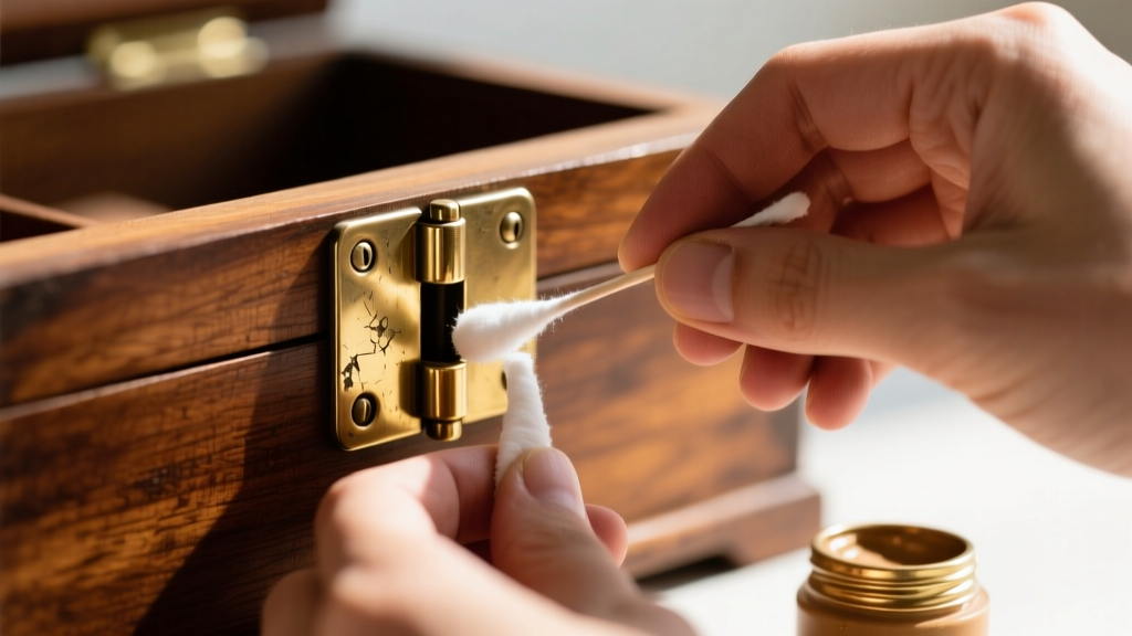 Hands cleaning a tarnished brass hinge on a vintage jewelry box using a cotton swab and metal polish in bright natural daylight.