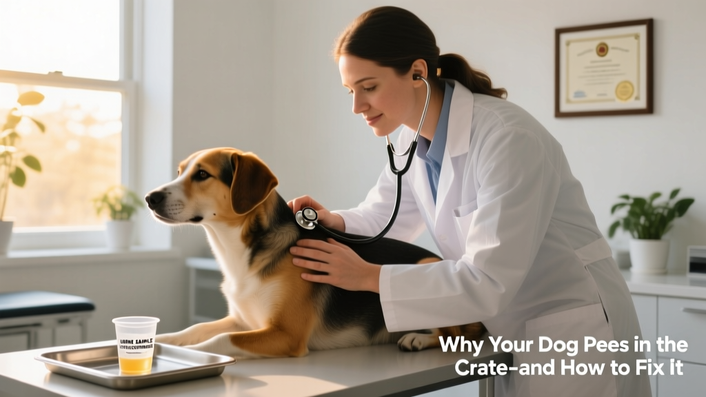 A veterinarian gently examining a dog during a wellness check, with a urine sample cup visible nearby
