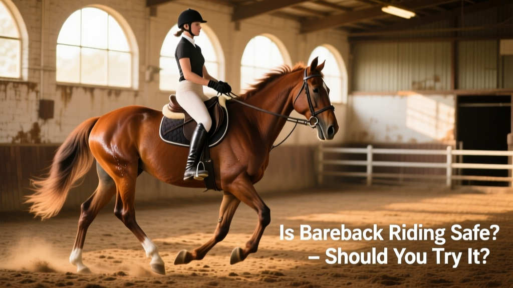 A rider sitting bareback on a calm, well-mannered horse in an enclosed arena