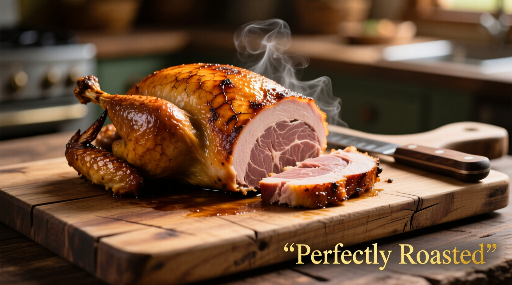 Perfectly roasted golden brown turkey loin on wooden cutting board