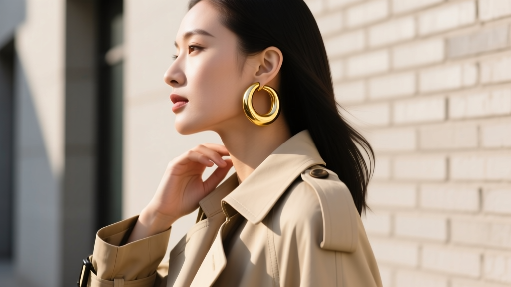 Side profile of a woman in a beige trench coat styling a 45mm thick gold statement hoop with hair tucked behind the ear.