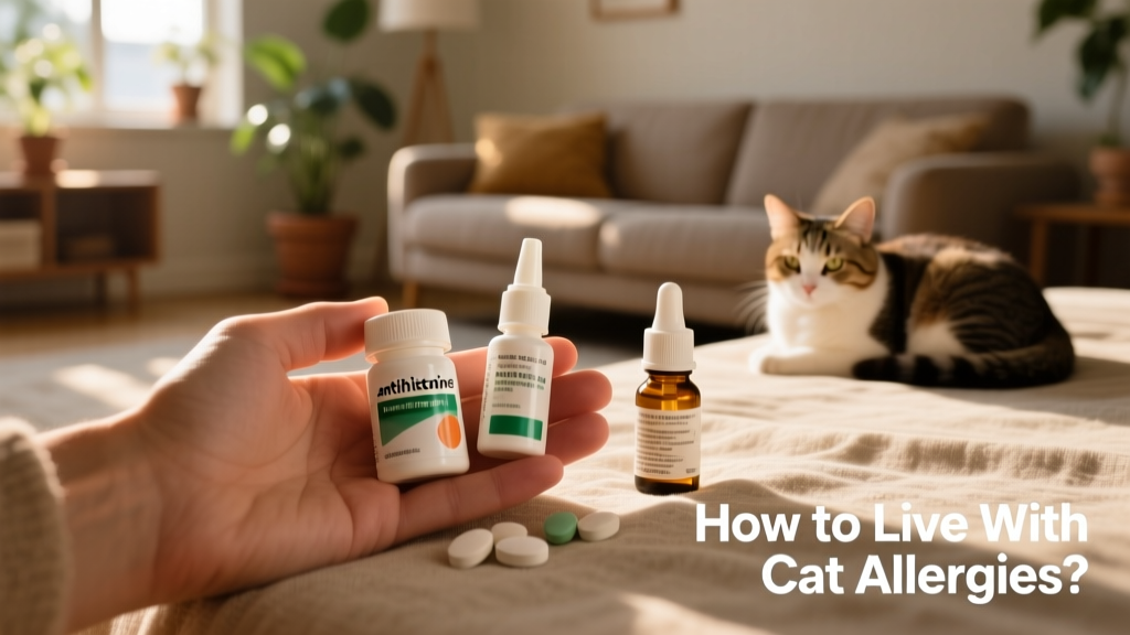 Hand holding common allergy medications: antihistamine tablets, nasal spray, and eye drops