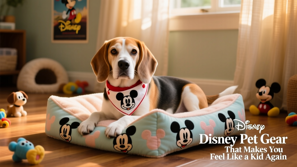 A senior beagle wearing a soft Mickey Mouse bandana, resting peacefully on a plush Disney-patterned dog bed