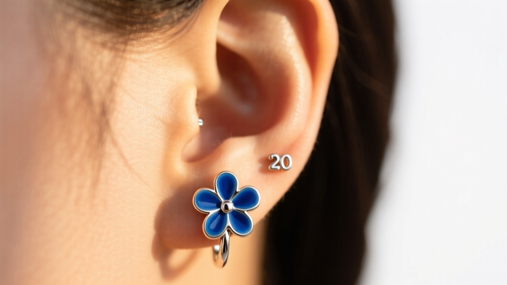 Close-up of an ear wearing a 20-gauge sterling silver blue enamel flower huggie earring on the lower lobe in warm sunlight