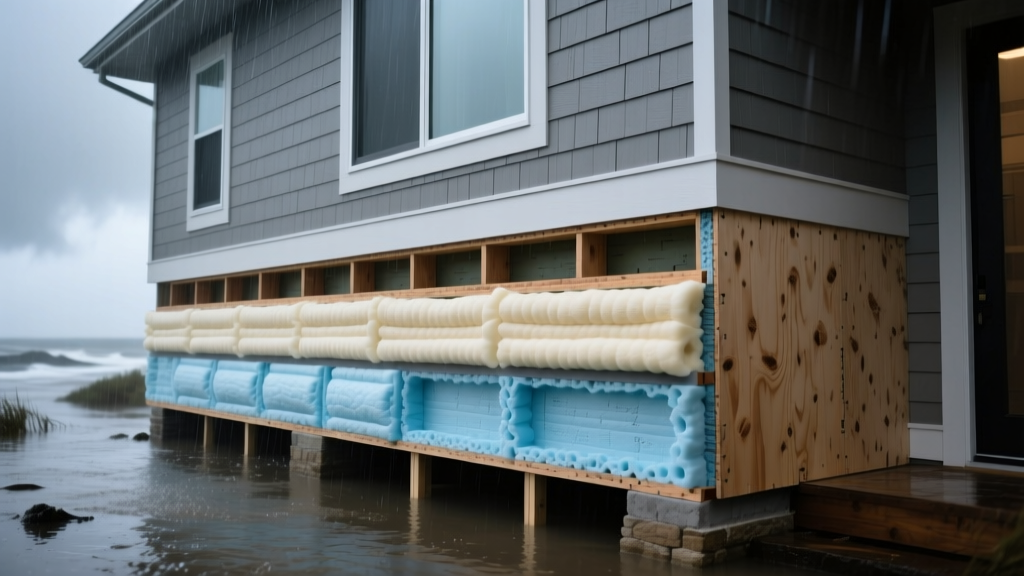 Coastal home cross-section revealing closed-cell spray foam, marine plywood sheathing, and fiber cement siding during flood testing