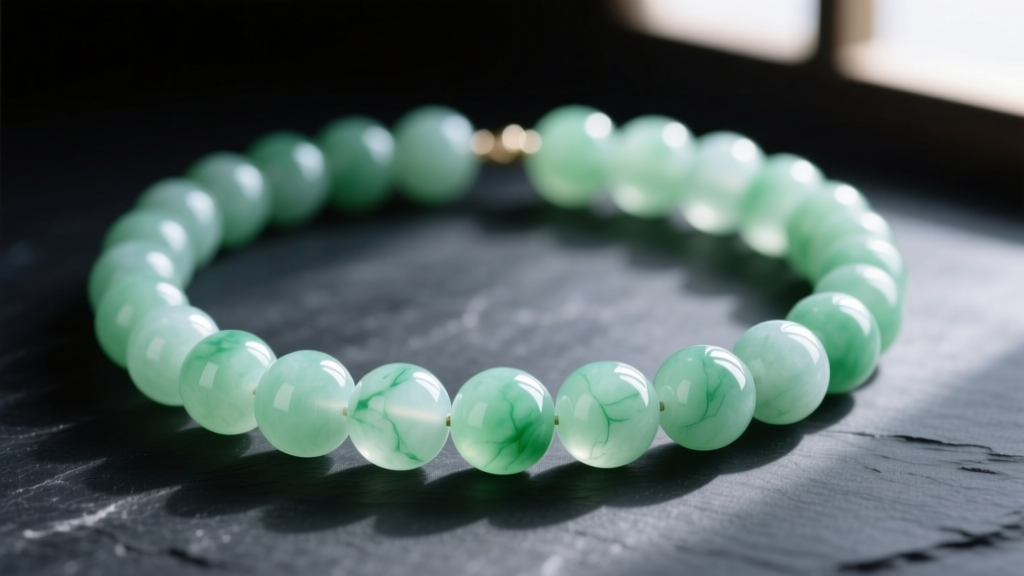 Close-up of a light green jade bead necklace on dark slate, highlighting translucent celadon color and smooth polished 8mm beads.
