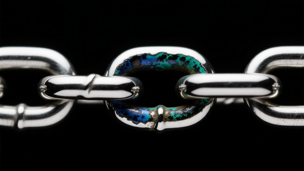 Macro photo of three silver chain links showing varying oxidation and dark tarnish levels under harsh directional studio lighting.
