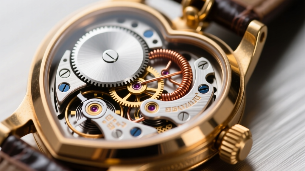Macro shot of a quartz movement inside a brass heart pendant watch, showing the silver oxide battery and fine copper coil wiring