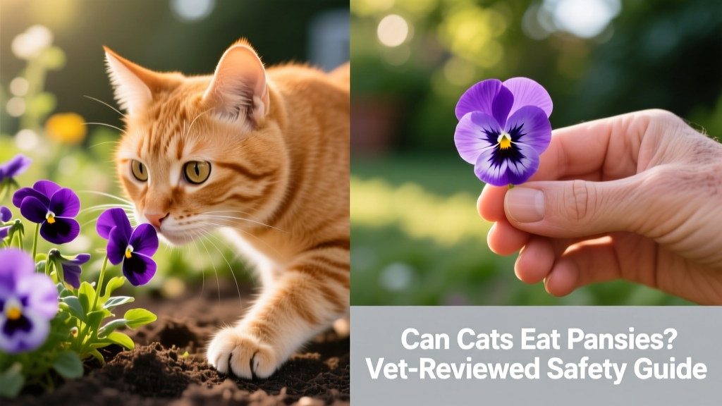 Side-by-side comparison: a curious cat sniffing at pansy blossoms and a human hand gently holding one bloom