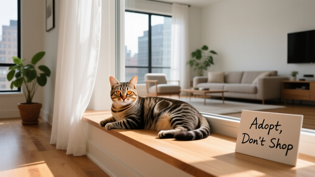 A calm adult cat lounging on a sunlit windowsill in a tidy, well-lit apartment living room