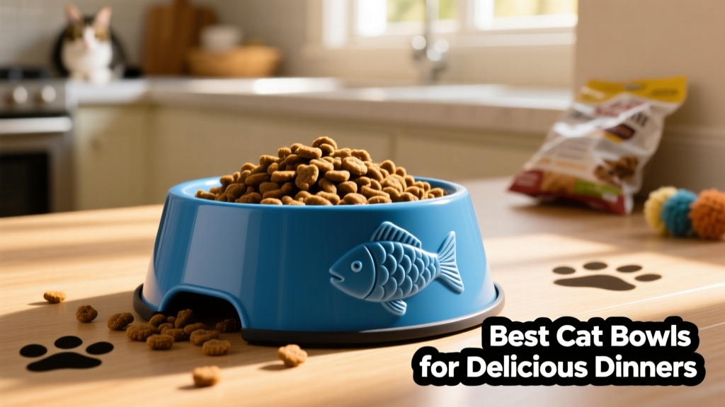 Close-up of a blue slow-feeder bowl with raised fish-shaped ridges, filled with dry cat food
