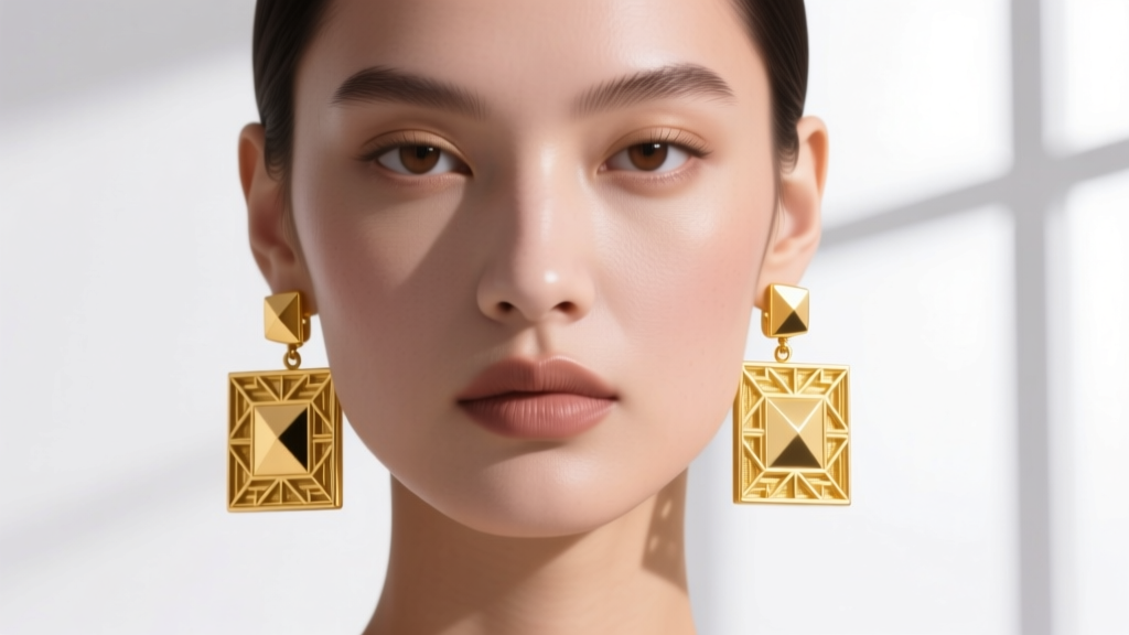 Close-up of a model wearing bold 14k yellow gold square drop earrings with matte brushed finishes, studio lighting, high fashion