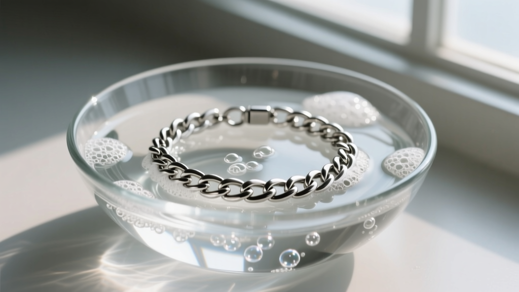 Top-down view of a 316L stainless steel chain bracelet in a glass bowl of soapy water, illuminated by soft natural window light.