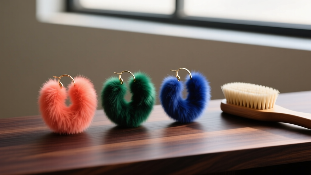 Flat lay of three pairs of colorful statement fur earrings resting on dark cedar wood, next to a soft-bristled grooming brush