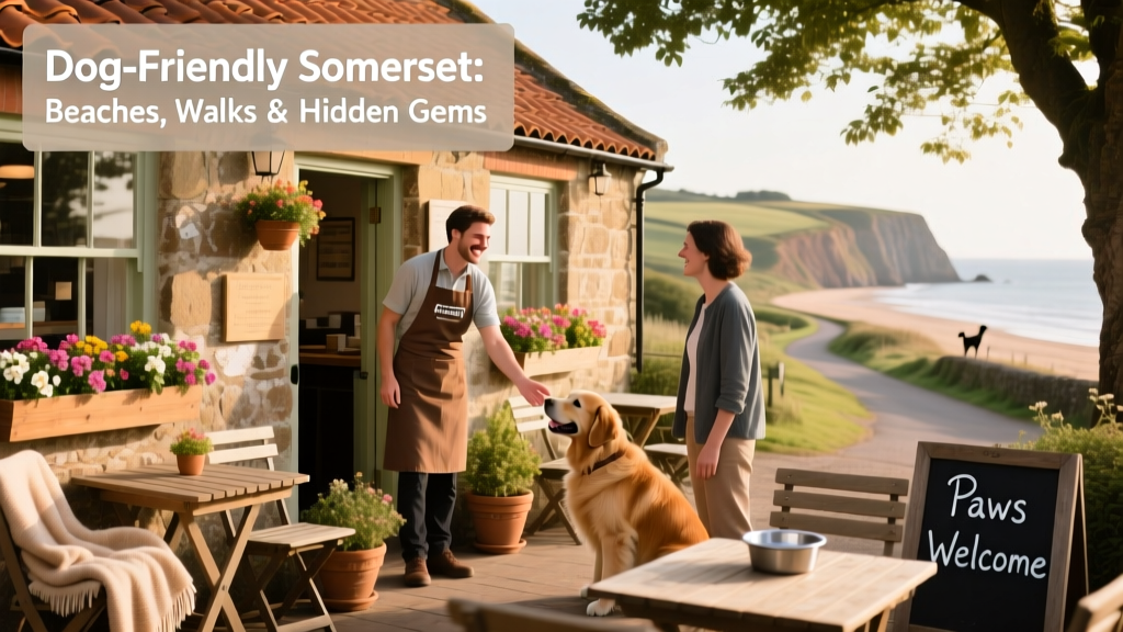 A cozy, dog-friendly café in Somerset with outdoor seating, a friendly staff member welcoming a visitor and their dog