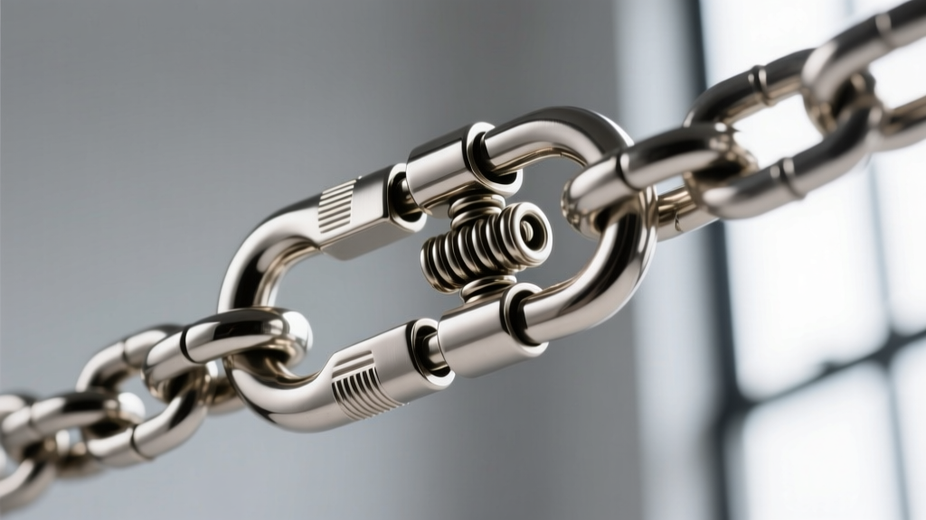 Detailed view of a heavy-duty stainless steel lobster clasp securing a thick 5mm box chain, highlighting the spring mechanism.