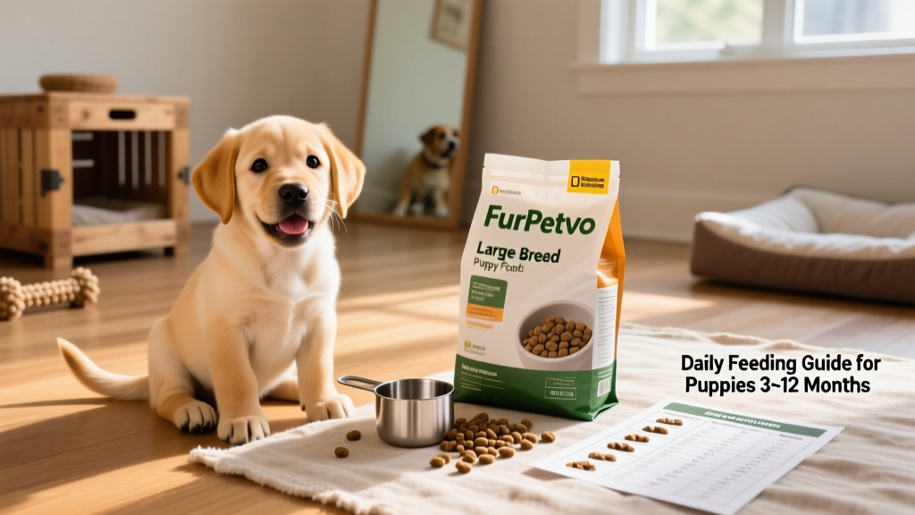 A happy, well-proportioned 6-month-old Labrador puppy sitting beside an open bag of FurPetVo Large Breed Puppy Food, with a measuring cup and feeding chart nearby