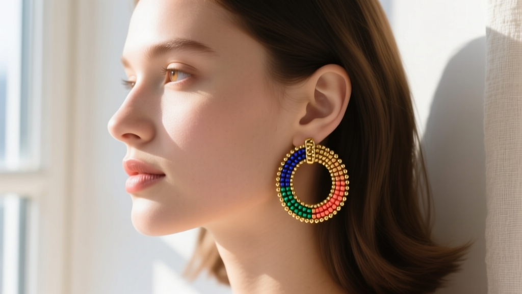 Side profile of a woman wearing 30mm beaded hoop earrings, showing how colorful beadwork frames her face in soft natural sunlight.