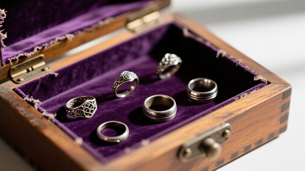 Top view of vintage box drawer showing tarnished silver rings on degraded, sulfur-rich purple velvet fabric lining inside it.