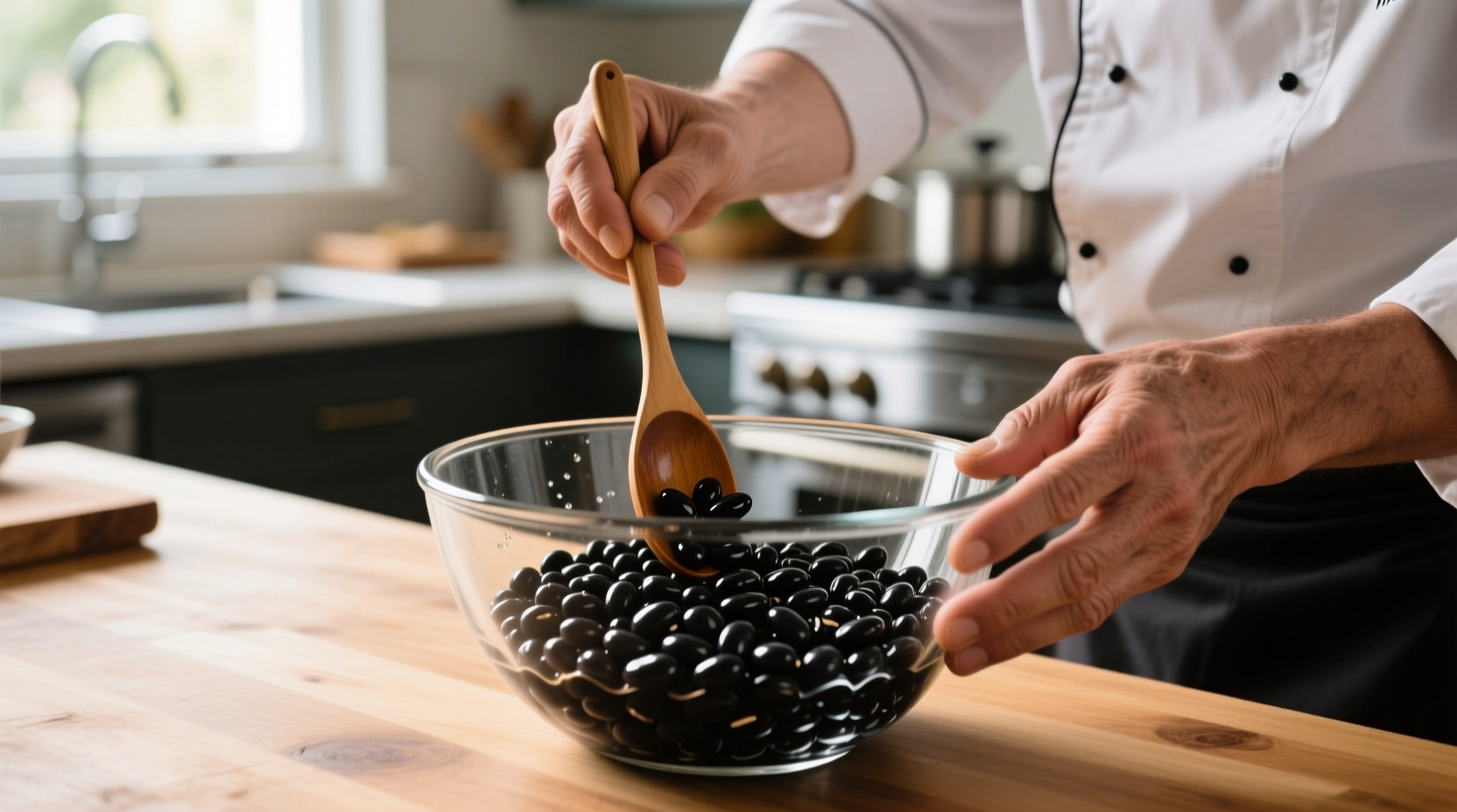 Chef measuring soaked beans in a glass bowl