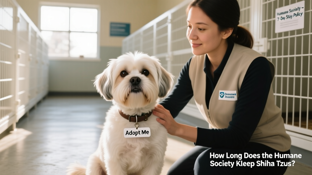 A calm, well-groomed Shih Tzu sitting beside a volunteer at a clean, sunlit shelter kennel