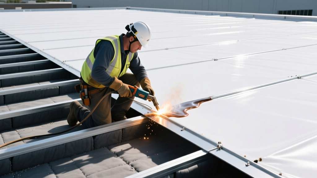 Roofer using an automatic hot air welder to seal white TPO membrane seams on a commercial flat roof with polyiso insulation boards visible nearby.