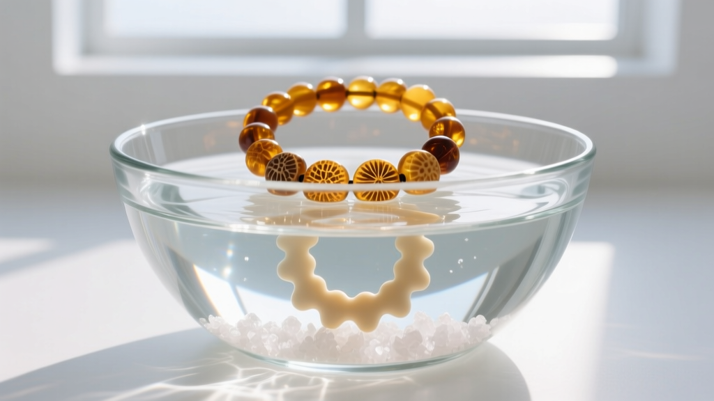 Glass bowl of saltwater showing a floating genuine amber teething necklace and a sinking plastic fake in bright natural light.