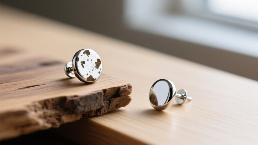 Macro shot of a tarnished silver stud on raw oak next to a bright polished silver stud earring resting on smoothly sealed maple.