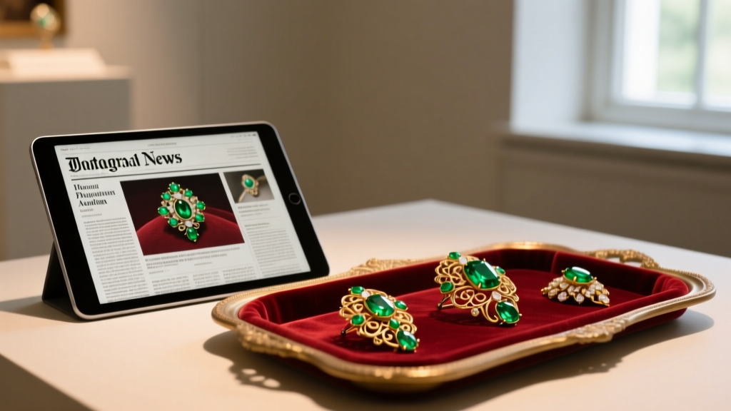 Tablet showing antique jewelry auction news next to a velvet tray of Victorian emerald brooches under soft, warm gallery lighting