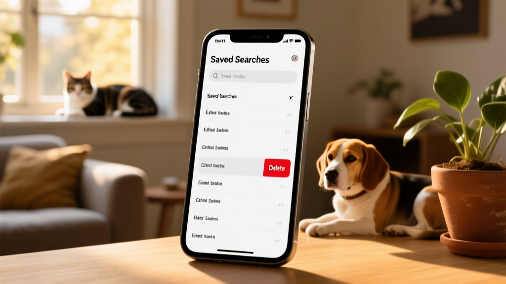 Mobile app screenshot showing the 'Saved Searches' screen with editable list and 'Delete' option highlighted