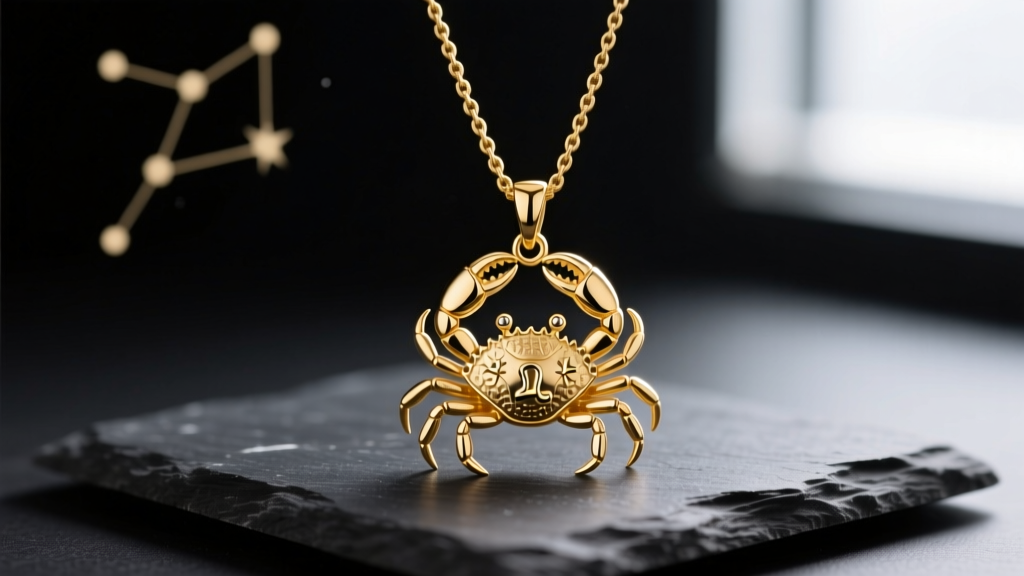 Macro photography of a 14k yellow gold cancer zodiac sign necklace featuring a detailed crab motif pendant resting on dark slate