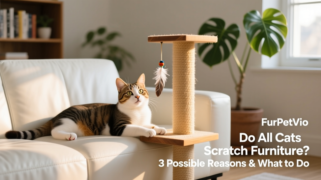 A satisfied cat lounging beside a FurPetVo scratching tower with a dangling toy, next to a pristine leather couch